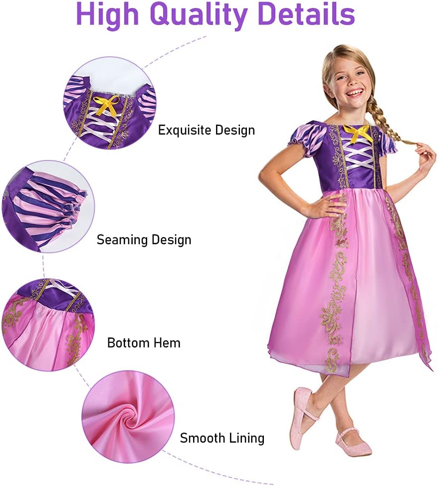 ACWOO Barn, flickor, prinsessdräkt, prinsessa, Rapunzel, lång klänning, festklänning, maxiklänning med diadem, handskar, trollstav etc för fest, cosplay, utklädnad, festlig karneval