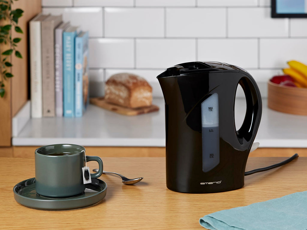 Emerio Vattenkokare, 1,0 liter, 900 watt, vattennivåindikator, BPA-fritt, torrgåsskydd, upplyst på/av-brytare, perfekt för hem, camping eller kontor, WK-121616.1, svart