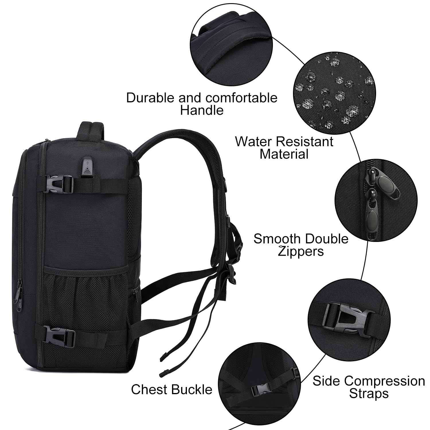Handbagage Reseryggsäck 40x30x20 Kabinbagage 40x30x20 för Ryanair Wizzair, Under Säte Kabinväska Reseryggsäck med USB-laddningsport Laptopryggsäck14 tum Kabinväska för Män Kvinnor, Svart