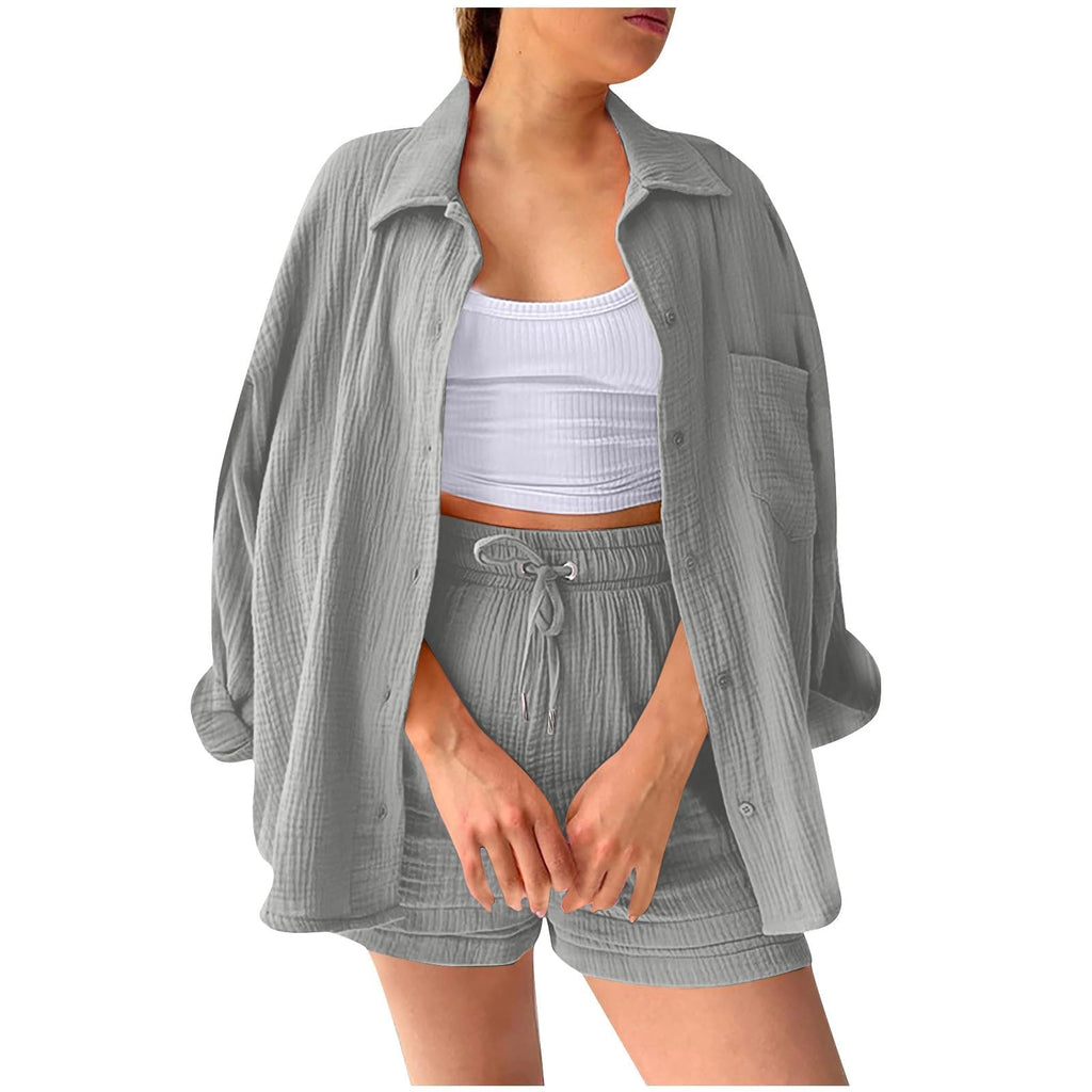 Sommar tvådelad dam muslin blus set, linneskjorta och shorts, Y2K sportdräkt, långärmad fritidsdräkt dam sommarkläder