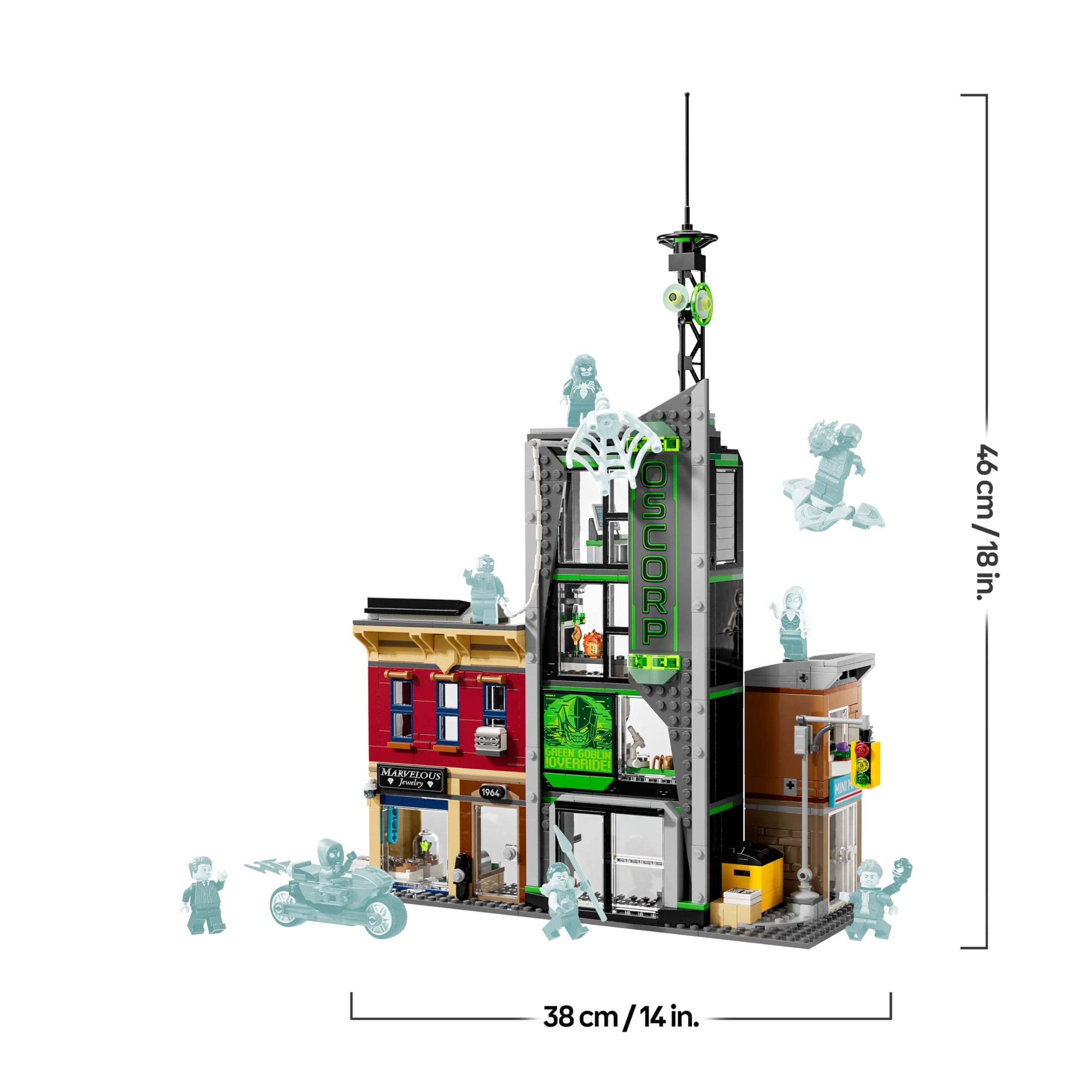 LEGO Marvel Spider-Man mot Oscorp, Byggset för barn, Innehåller minifigurer av Spider-Woman, Miles Morales, Ghost-Spider och Green Goblin, Present för pojkar och flickor att samla 76324