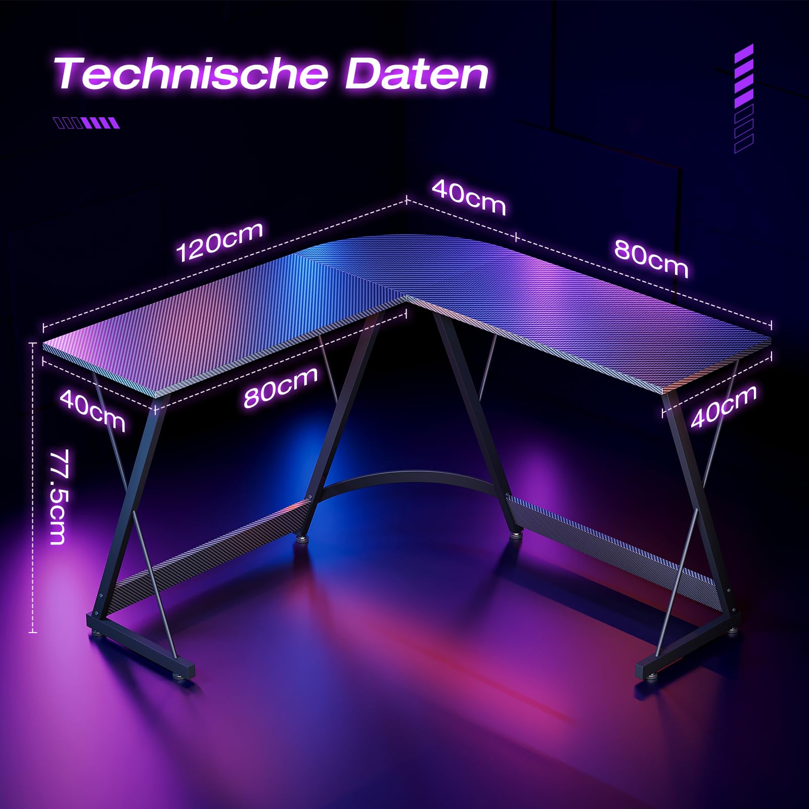 ODK L-format Skrivbord, Gamingbord Datorskrivbord Kontorsskrivbord med Runt Hörn, Spelbord för Gaming, Hemmakontor (Svart kolfiber, 120x120cm)
