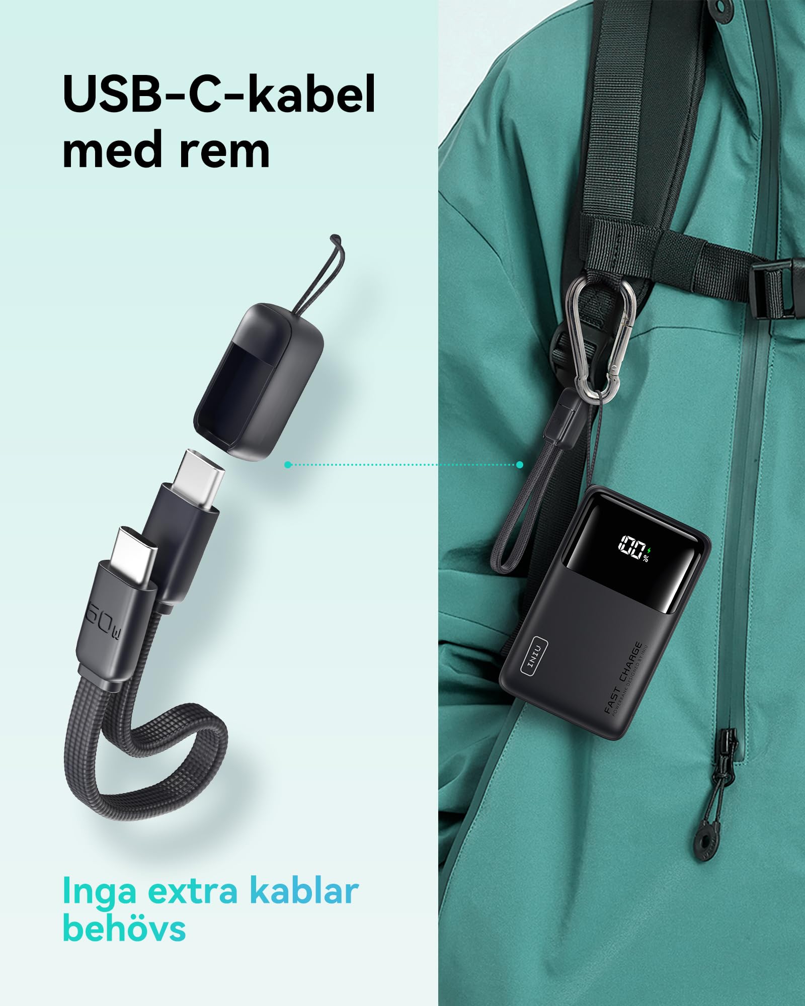 INIU 45W Power Bank, Superslim 10000mAh PD3.0 QC4.0 USB C Snabbladdning Extern Batteri med USB-C Kabel, Bärbar Laddare med LED-skärm för iPhone 17 16 15 14 13 12 iPad Samsung S24 S23 Note 20 etc.