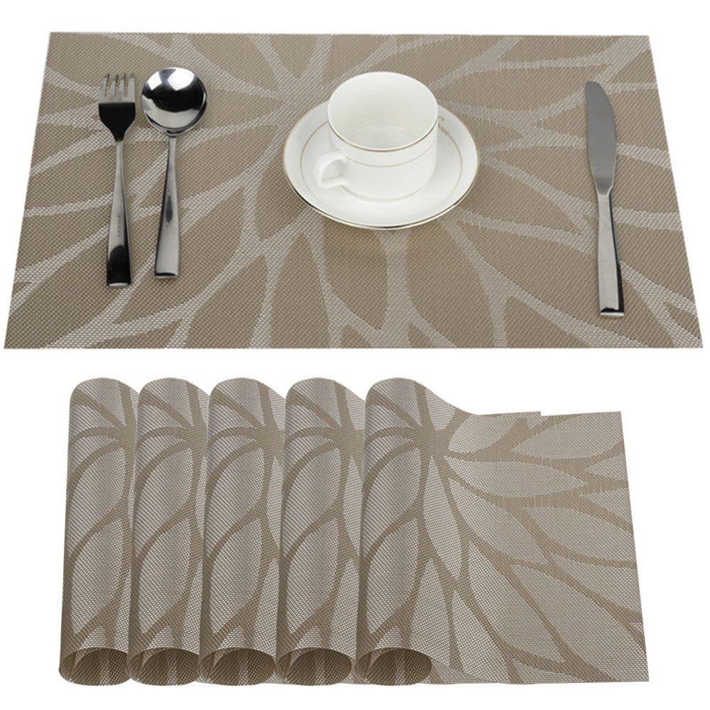 Fontisk uppsättning av 6 bordsunderlägg 30 x 45 cm, halkfria, tvättbara, PVC-bordsmattor, rivsäkra, värmebeständiga, smutsavvisande och tvättbara bordsunderlägg för kök, matbord kaki