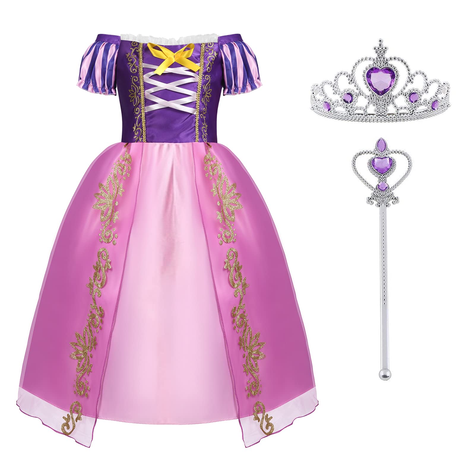 ACWOO Barn, flickor, prinsessdräkt, prinsessa, Rapunzel, lång klänning, festklänning, maxiklänning med diadem, handskar, trollstav etc för fest, cosplay, utklädnad, festlig karneval