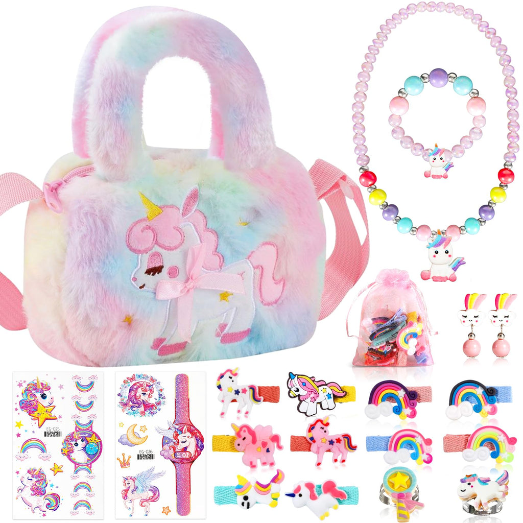 Enhörning smycken barn flicka handväska, enhörningsväska med smyckeset, enhörning flicka leksak, barn flickor smycken 3–9 år, enhörningsväska med hårklämma, armband, halsband, ring