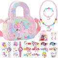 Enhörning smycken barn flicka handväska, enhörningsväska med smyckeset, enhörning flicka leksak, barn flickor smycken 3–9 år, enhörningsväska med hårklämma, armband, halsband, ring