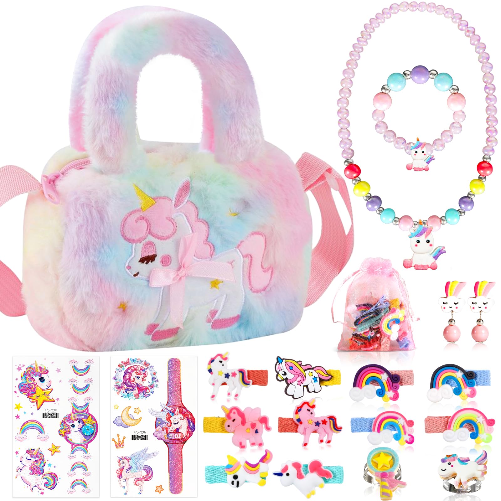 Enhörning smycken barn flicka handväska, enhörningsväska med smyckeset, enhörning flicka leksak, barn flickor smycken 3–9 år, enhörningsväska med hårklämma, armband, halsband, ring