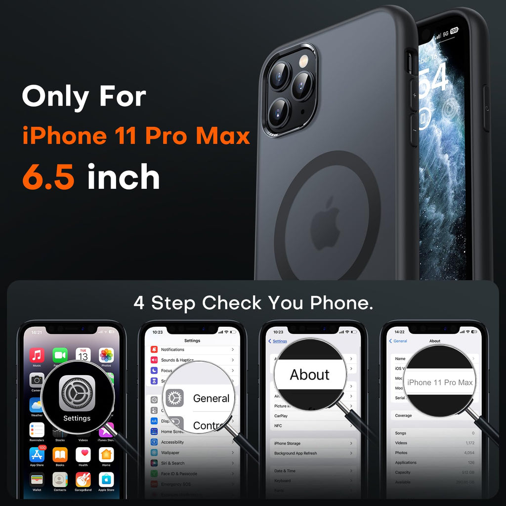 TOCOL Skal för iPhone 11 Pro Max, Kameraskydd, Integrerad Magnetring, Kompatibel med Magsafe, Fallskydd, Genomskinlig Matt Baksida, Svart Titan