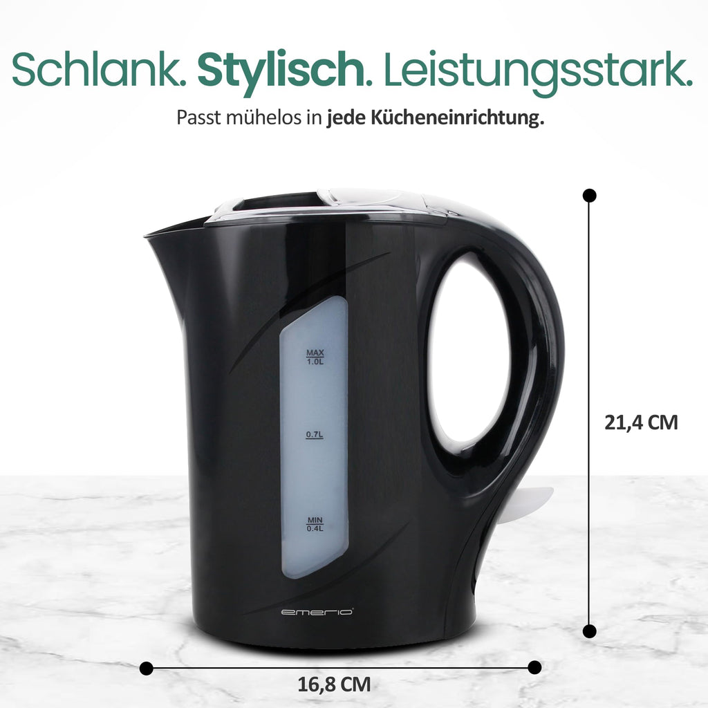 Emerio Vattenkokare, 1,0 liter, 900 watt, vattennivåindikator, BPA-fritt, torrgåsskydd, upplyst på/av-brytare, perfekt för hem, camping eller kontor, WK-121616.1, svart