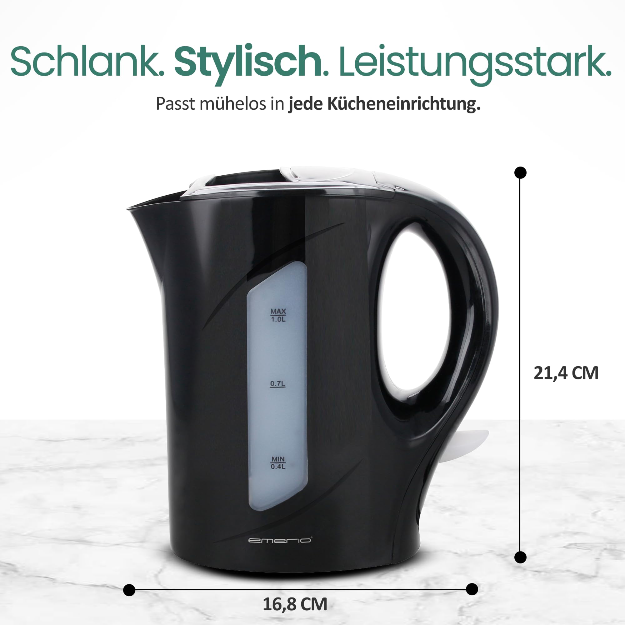 Emerio Vattenkokare, 1,0 liter, 900 watt, vattennivåindikator, BPA-fritt, torrgåsskydd, upplyst på/av-brytare, perfekt för hem, camping eller kontor, WK-121616.1, svart