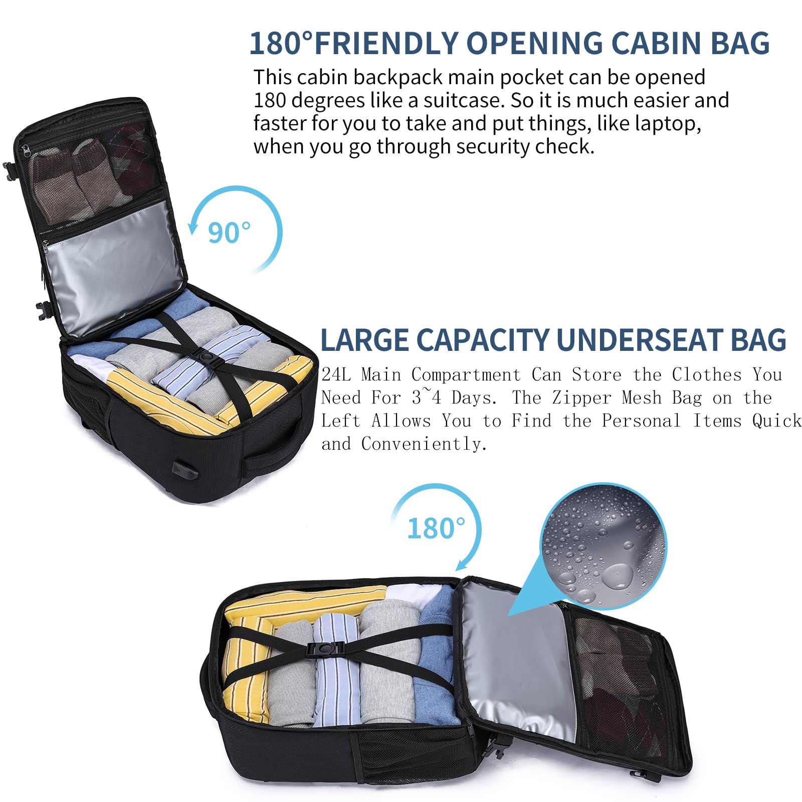 Handbagage Reseryggsäck 40x30x20 Kabinbagage 40x30x20 för Ryanair Wizzair, Under Säte Kabinväska Reseryggsäck med USB-laddningsport Laptopryggsäck14 tum Kabinväska för Män Kvinnor, Svart