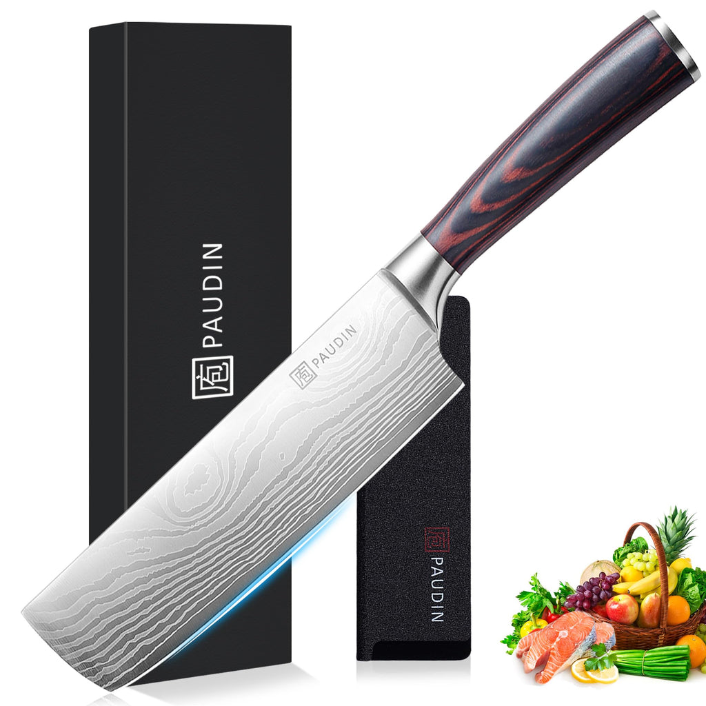 PAUDIN Japansk kniv, bladlängd 17, nariki-kniv, rostfritt stål, kockkniv, multifunktionell kökskniv för hem och kök med ergonomiskt handtag