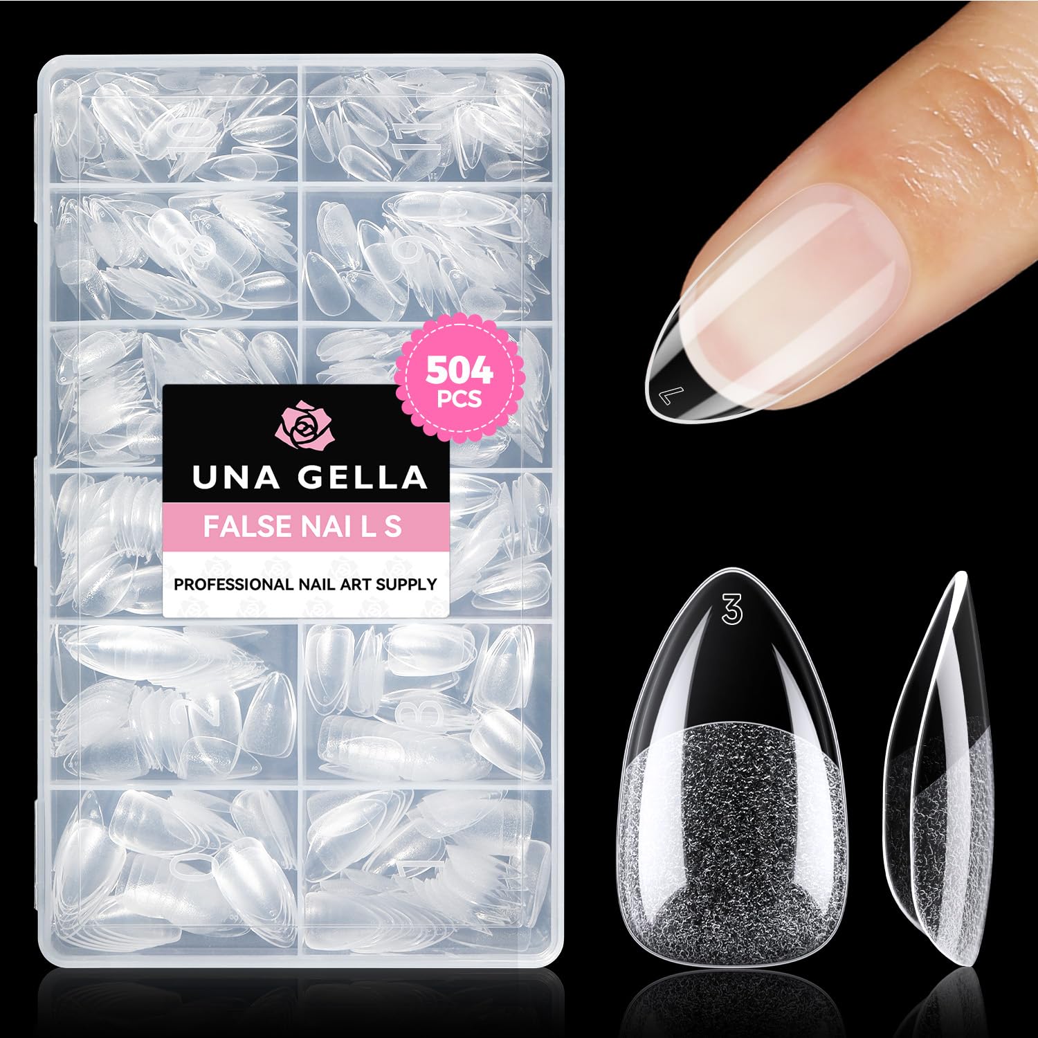 UNA GELLA Korta mandel nageltips, 504 stycken, press på konstgjorda naglar, förformade mandelgel, nagelspetsar för full täckning, akryl, mandel, tips för hem, gör-det-själv