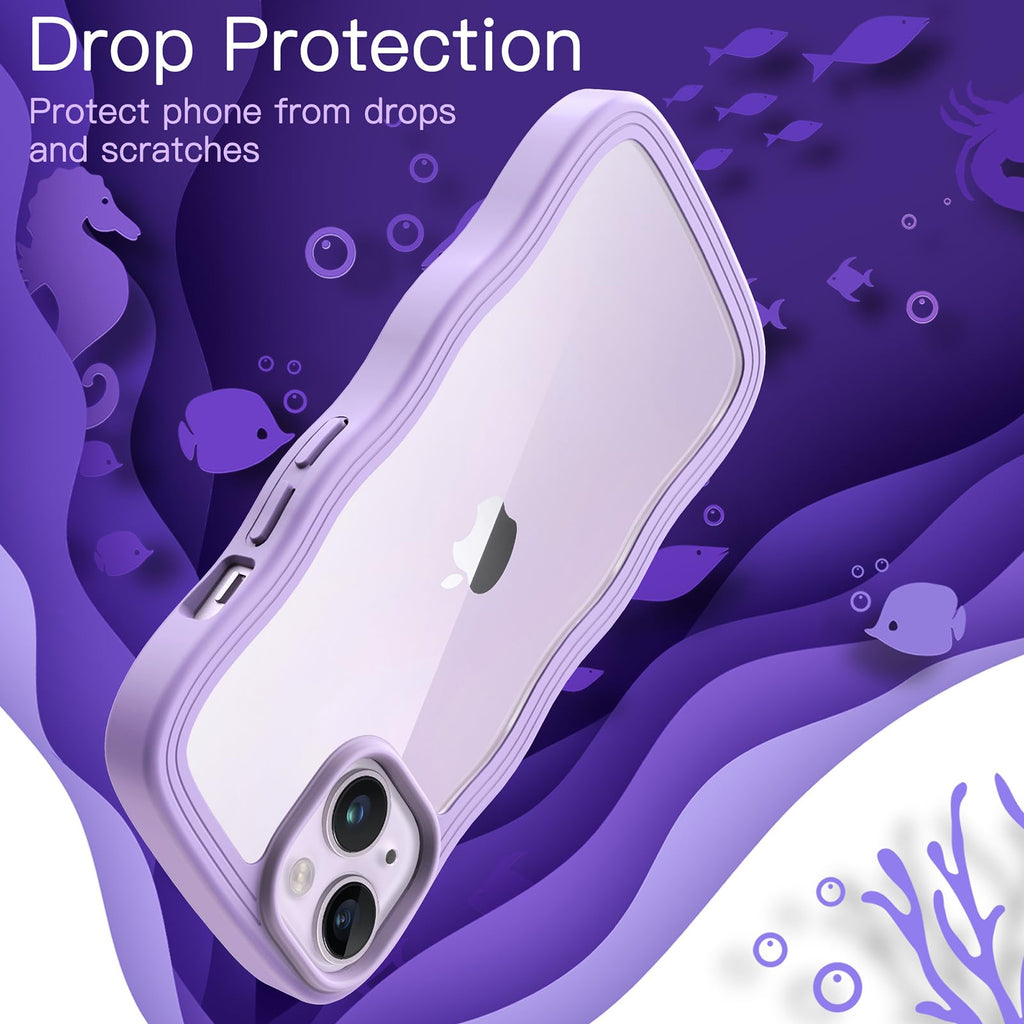 JETech Söt Fodral för iPhone 14 6,1-Tum, Vågformat Lockigt Stötskyddat Mobilskal för Kvinnor och Flickor, Clear Hård PC Baksida (Lila)