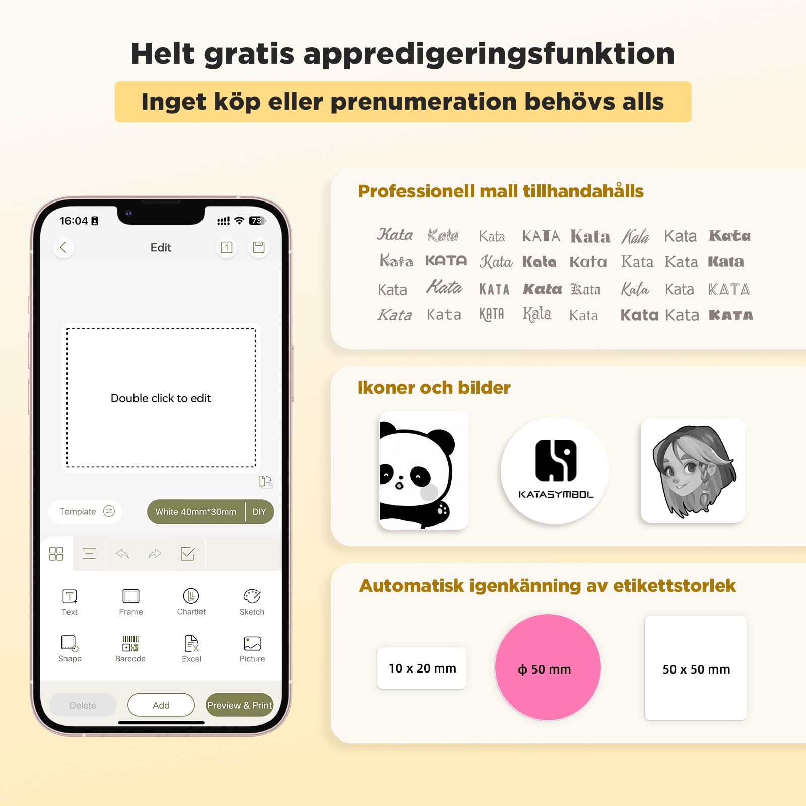 SUPVAN T50M Pro Etikettskrivare Bluetooth Termisk med 3 rullar vattentåliga etiketter, app med 40+ typsnitt och 150+ mallar, kompatibel med smartphone och PC för hem, kontor och skola
