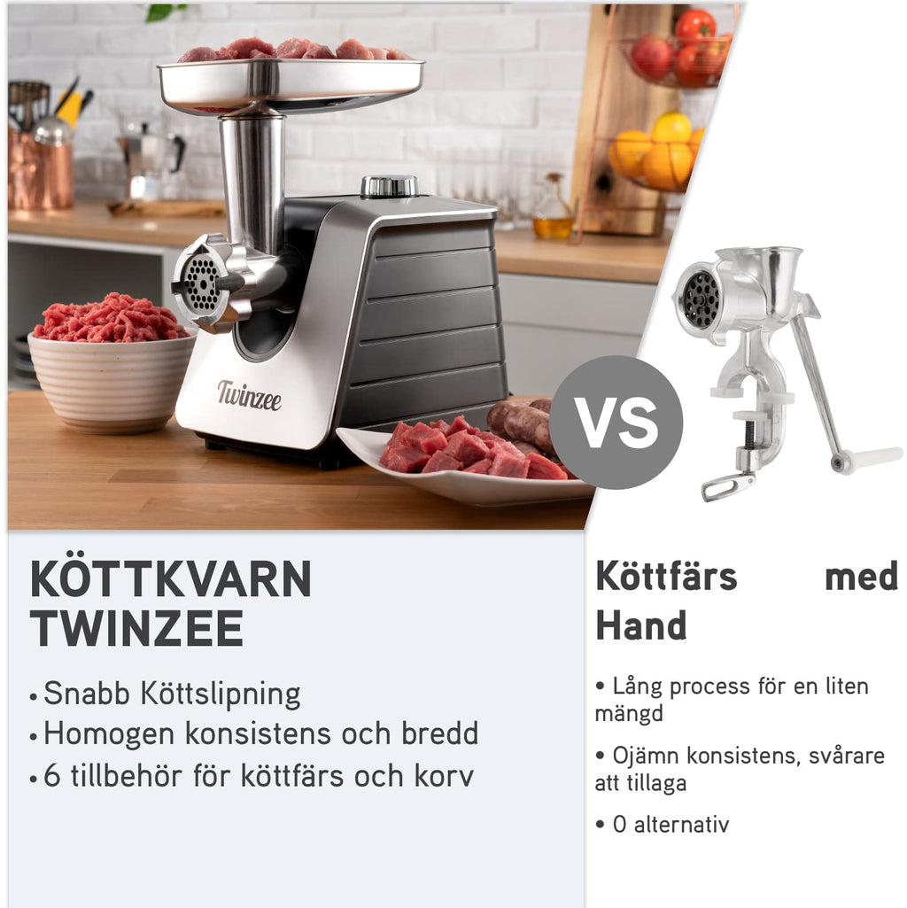Twinzee - Elektrisk köttkvarn med korvfyllmedel 1500W, vit - För kött och korv - Matberedare, köttkvarn med 3 perforerade skivor och 3 korvfästen