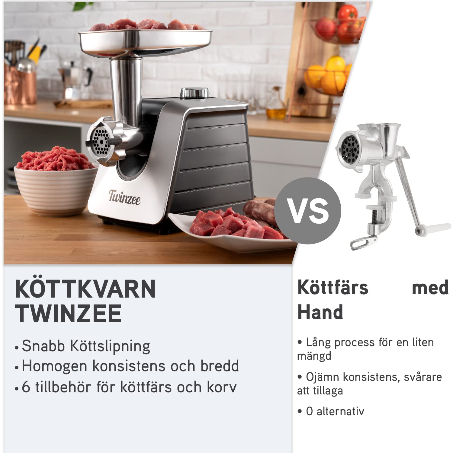 Twinzee - Elektrisk köttkvarn med korvfyllmedel 1500W, vit - För kött och korv - Matberedare, köttkvarn med 3 perforerade skivor och 3 korvfästen