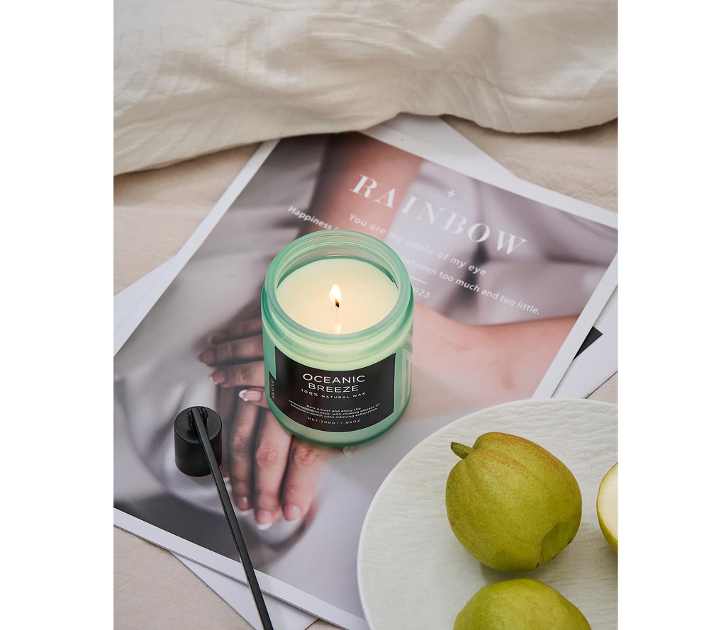 M&SENSE Ocean Breeze Organic Soy Scented Candles Gifts for Women & Men Non Toxic 200g 50H Burn Time Candles for Home Decor Small Jar Clear Burning Candle for Summer Evening Relaxation Stress Relief