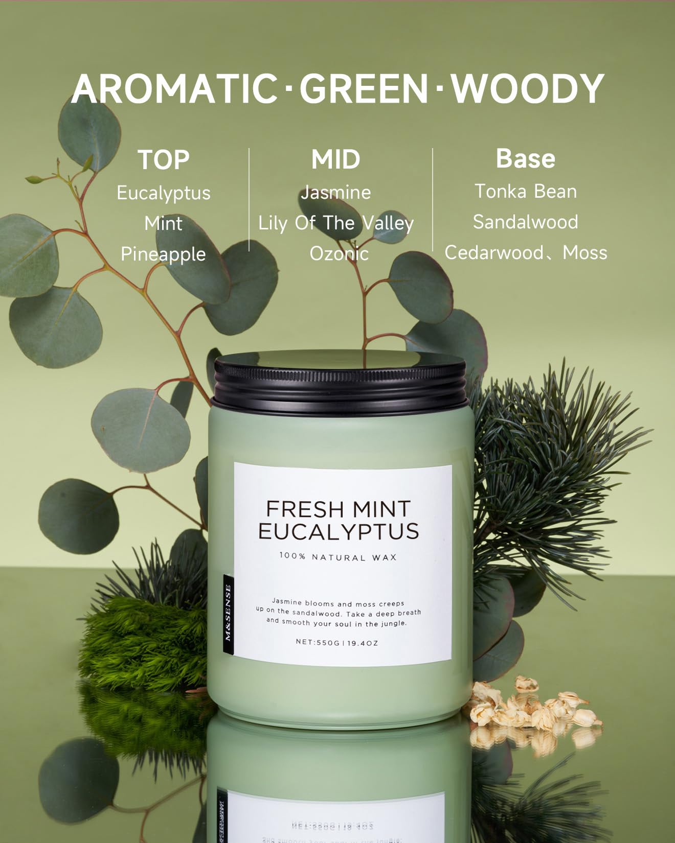 M&SENSE Eukalyptus mint doftljus för home decoration, hem doftande 550g 110 timmar bränd soja stresslindring meditation yoga spa Naturlig burkljus för män och kvinnor