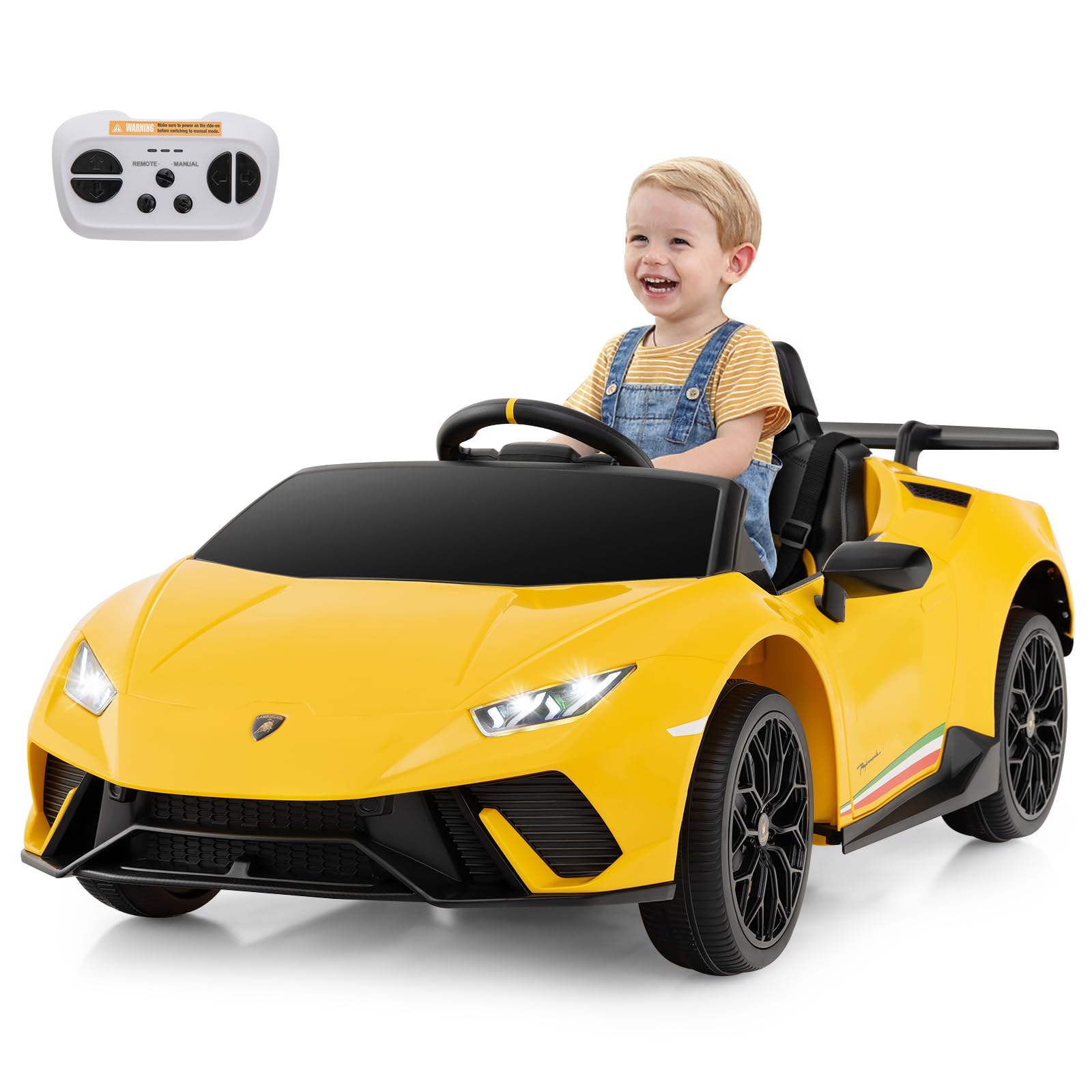 COSTWAY Elektrisk bil Lamborghini, 12 V elektrisk barnbil med fjärrkontroll och LED-lampor och tuta och musik och USB, 3-växlad elfordon 3–5 km/h, elbil för barn från 3 år (gul)