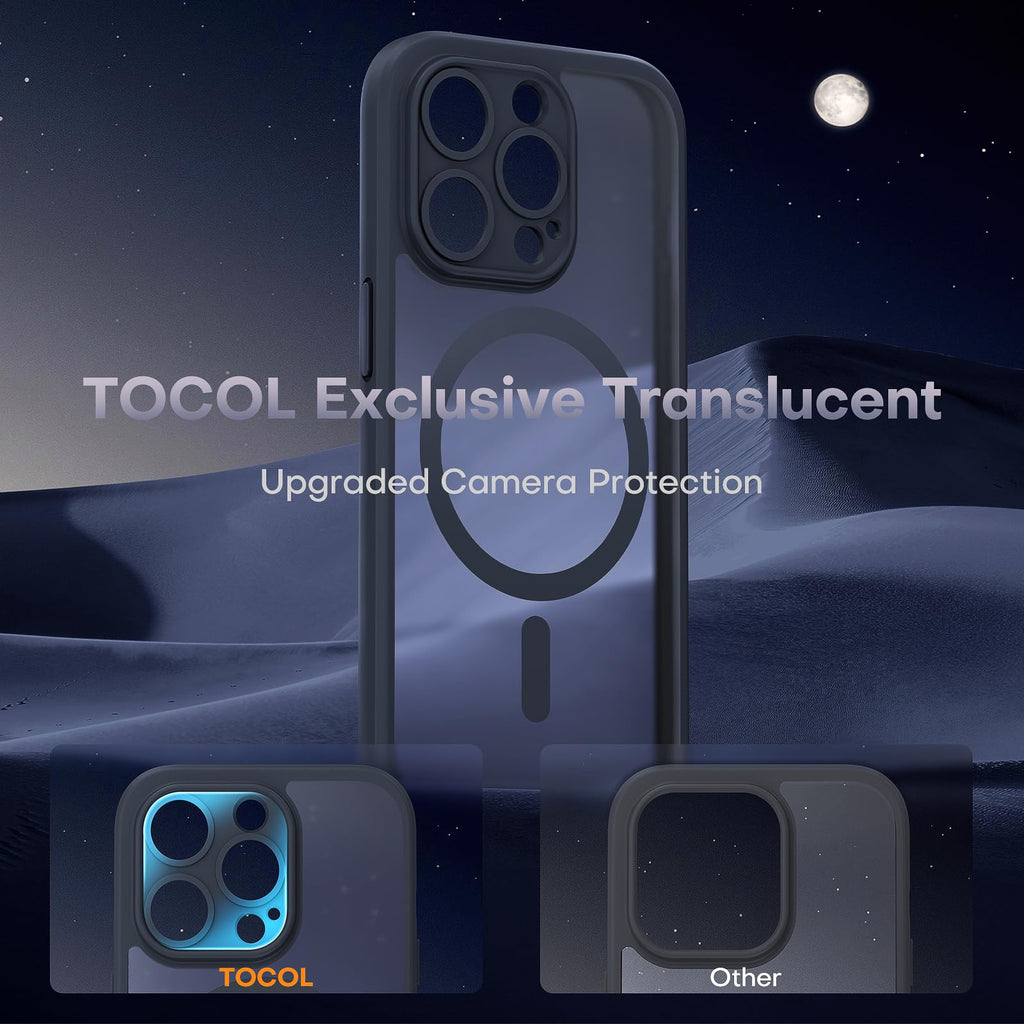 TOCOL Skal för iPhone 14 Pro, Kameraskydd, Integrerad Magnetring, Kompatibel med Magsafe, Fallskydd, Genomskinlig Matt Baksida, Svart Titan
