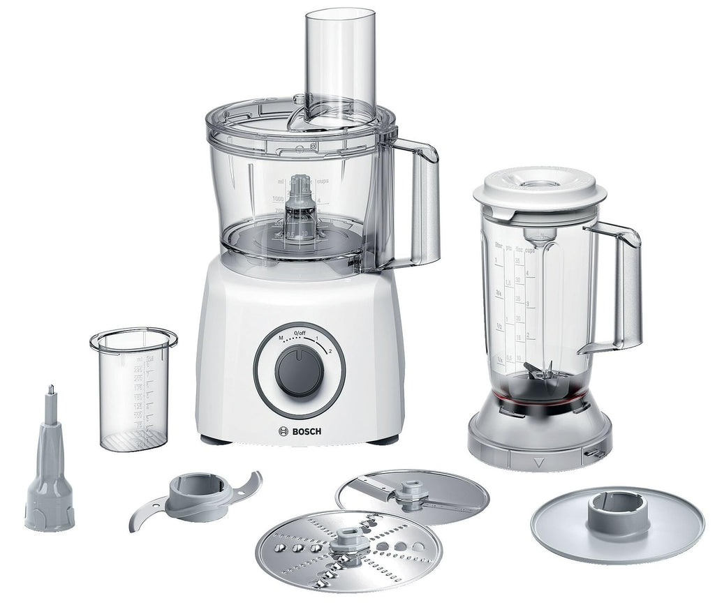 Bosch MultiTalent 3 MCM3200W - Matberedare med mixer till smoothies, vispskiva för grädde och äggvita, 3,2 L bunke, 800 Watt, 2 hastigheter och pulsfunktion, vit