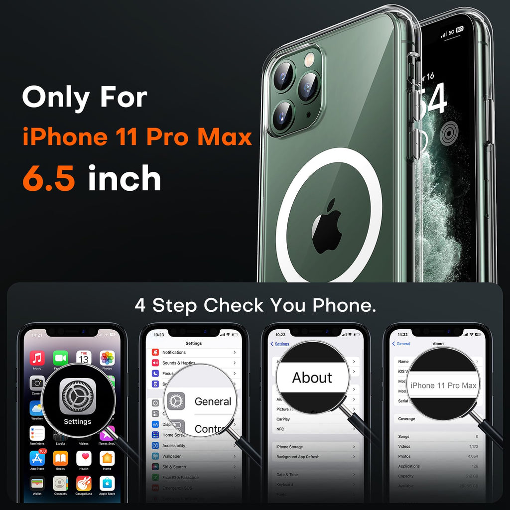 TOCOL Skal för iPhone 11 Pro Max, Kameraskydd, Integrerad Magnetring, Kompatibel med Magsafe, Fallskydd, Genomskinlig Matt Baksida, Transparent