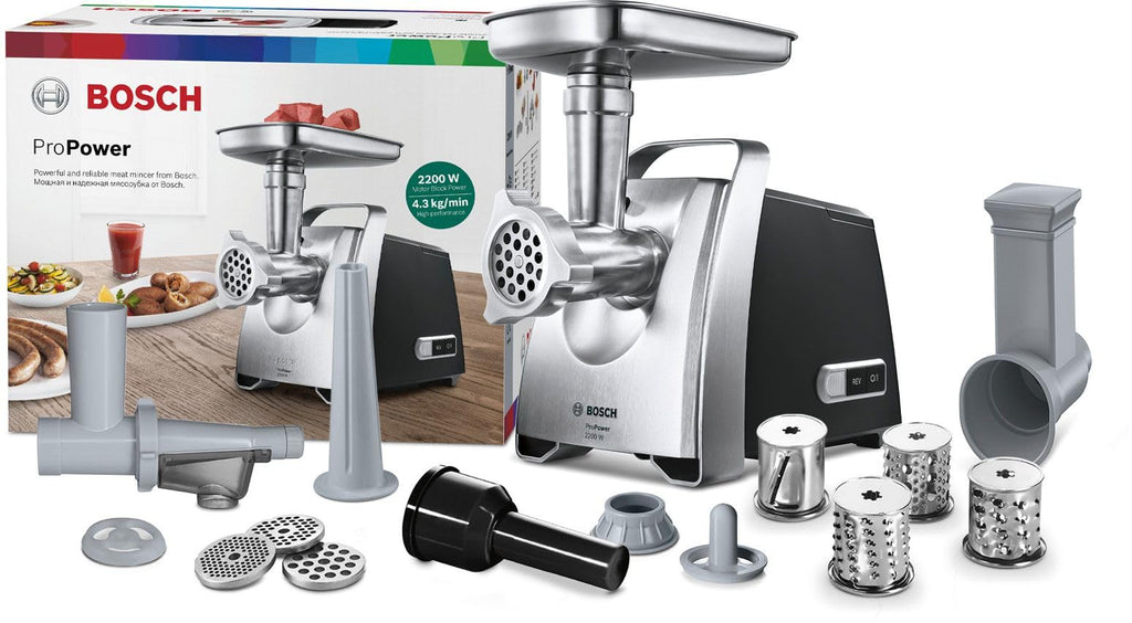 Bosch ProPower 2200W MFW68660 - Extra kraftfull köttkvarn med backningsfunktion, integrerad förvaring och överbelastningsskydd, på stadiga gummifötter, korvhorn ingår, svart