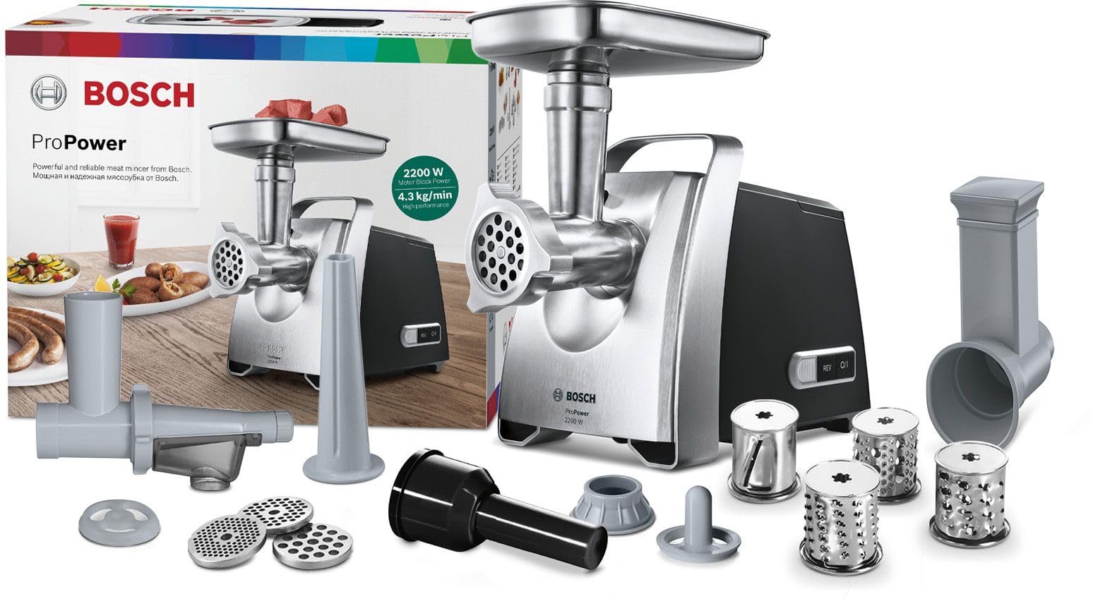 Bosch ProPower 2200W MFW68660 - Extra kraftfull köttkvarn med backningsfunktion, integrerad förvaring och överbelastningsskydd, på stadiga gummifötter, korvhorn ingår, svart
