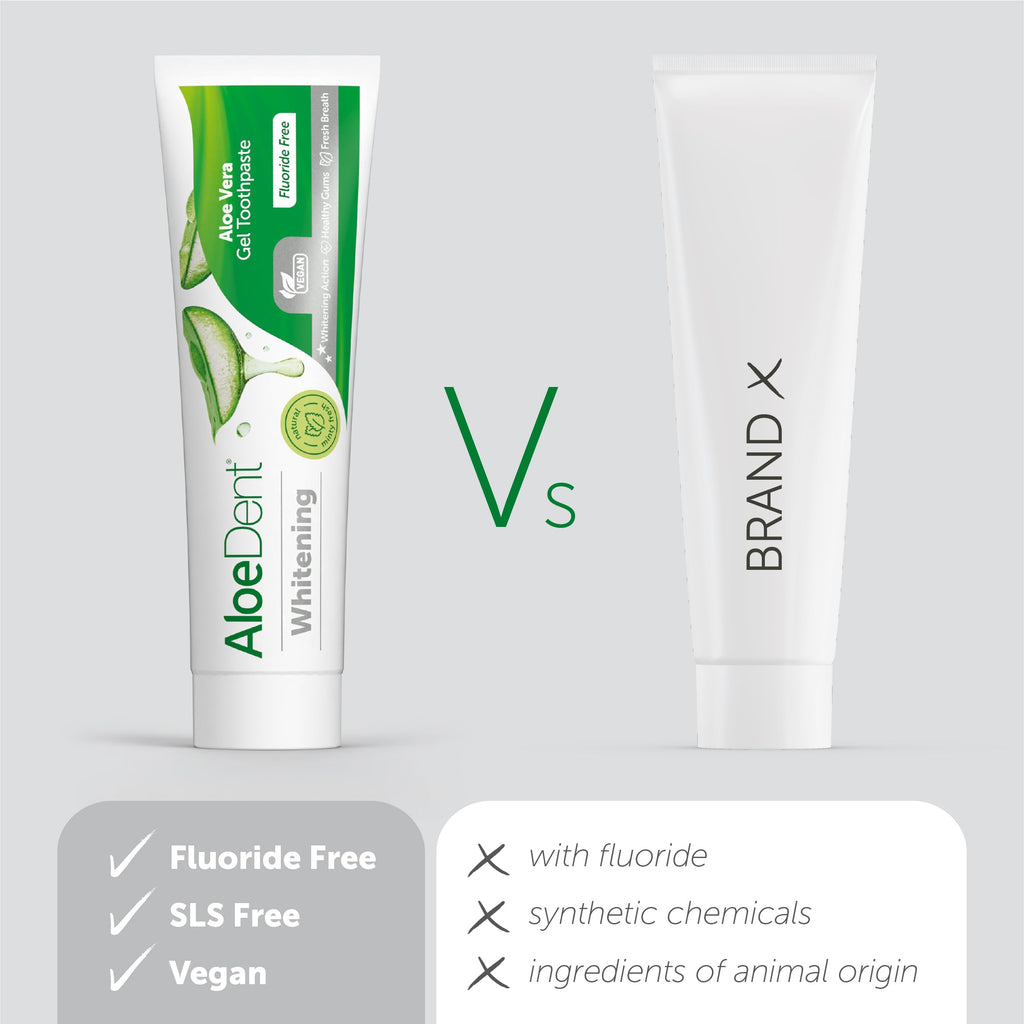 Aloe Dent Whitening Aloe Vera tandkräm Fluorfri, naturlig verkan, Vegan, Cruelty Free, SLS-fri, Naturligt vit, Hälsosamt tandkött, 100 ml, förpackningen kan variera