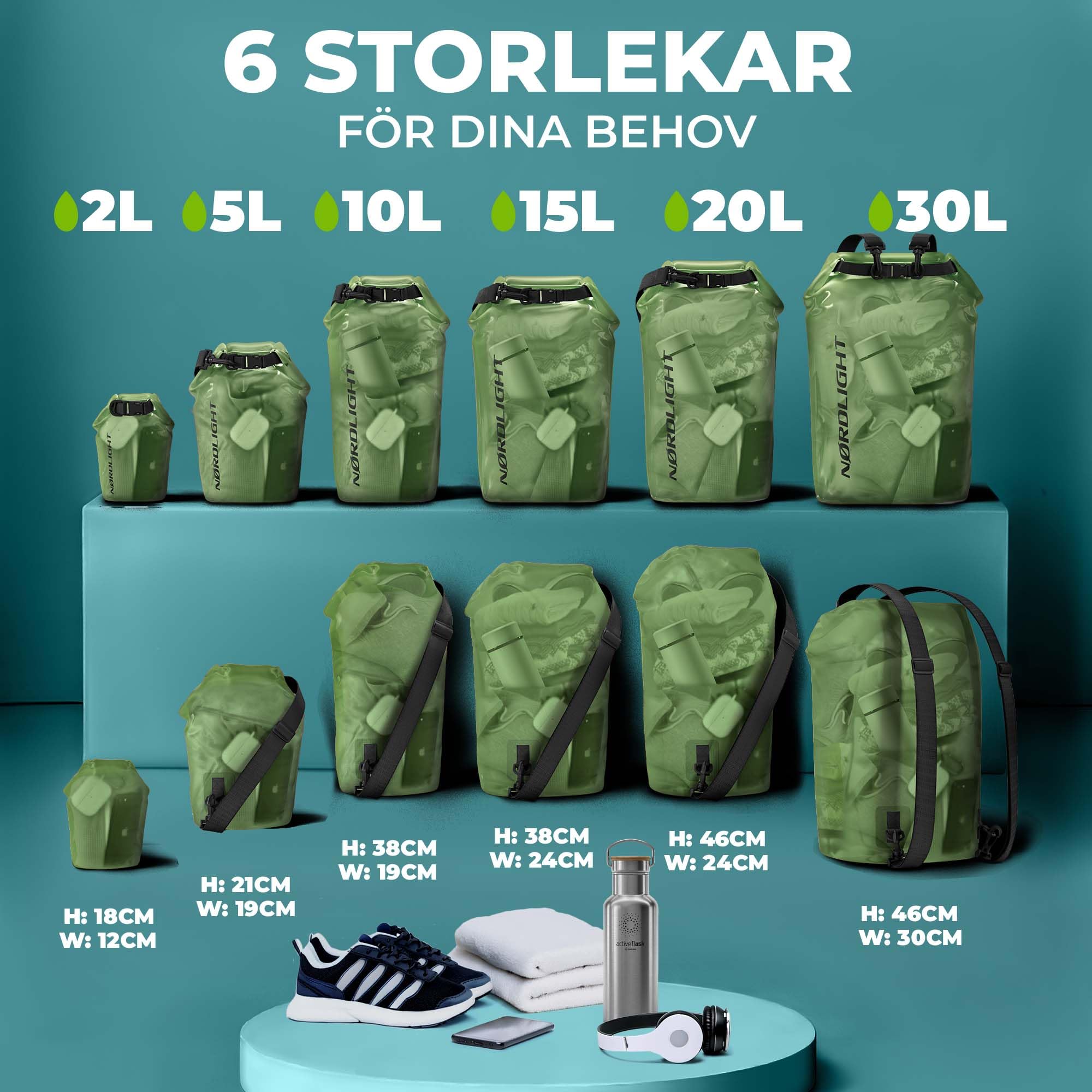Nordlight vattentät torrsäck med telefonficka och midjeväska - (10L, Mörkgrön) vattentät torrsäck med rullstängning | simning, båtliv, strand, stående paddling