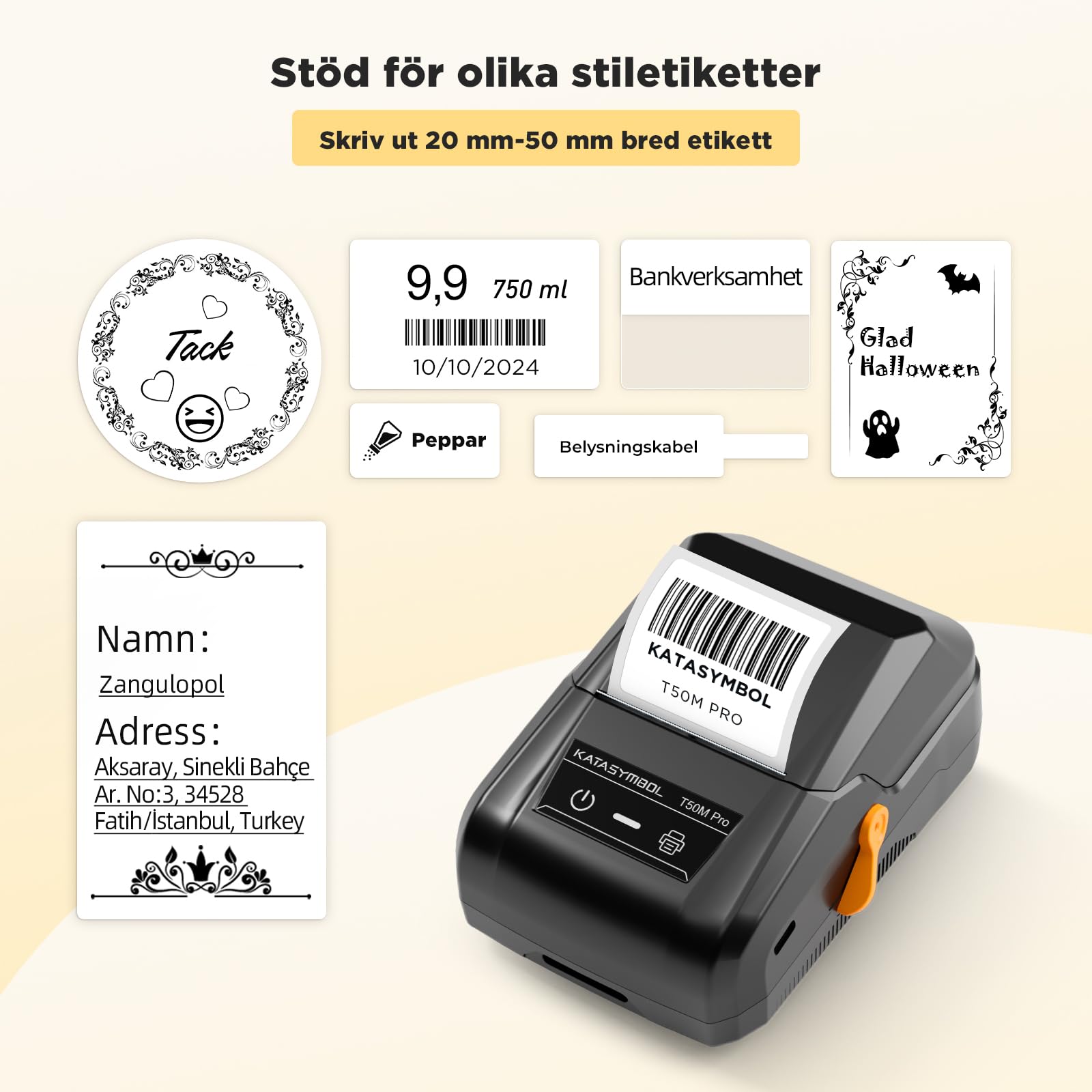 SUPVAN T50M Pro Etikettskrivare Bluetooth Termisk med 3 rullar vattentåliga etiketter, app med 40+ typsnitt och 150+ mallar, kompatibel med smartphone och PC för hem, kontor och skola