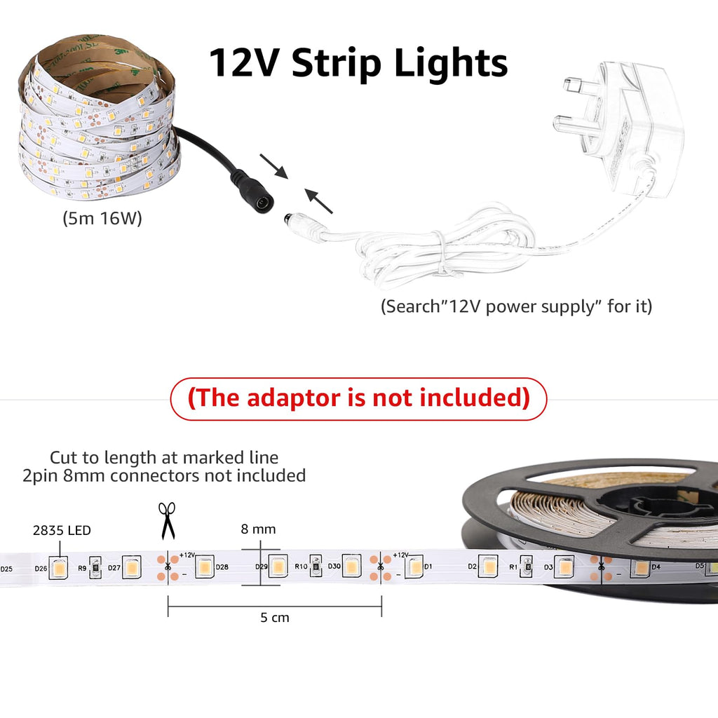 Lepro LED-remsor 12V 5m självhäftande, remsa med 300 stycken 2835 LED-lampor, 3000 Kelvin 1200 lumen varmvit DIY flexibel LED-remsa för inomhushemskök, förpackning med 2
