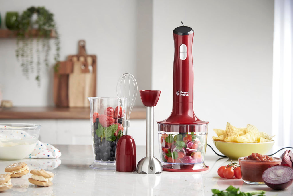 Russell Hobbs 3-i-1 stavmixer, 2 hastigheter, rostfritt stål, BPA-fri behållare, ballongvisp, minihackare, diskmaskinssäkra delar, röd, 500W Desire, 24700-56