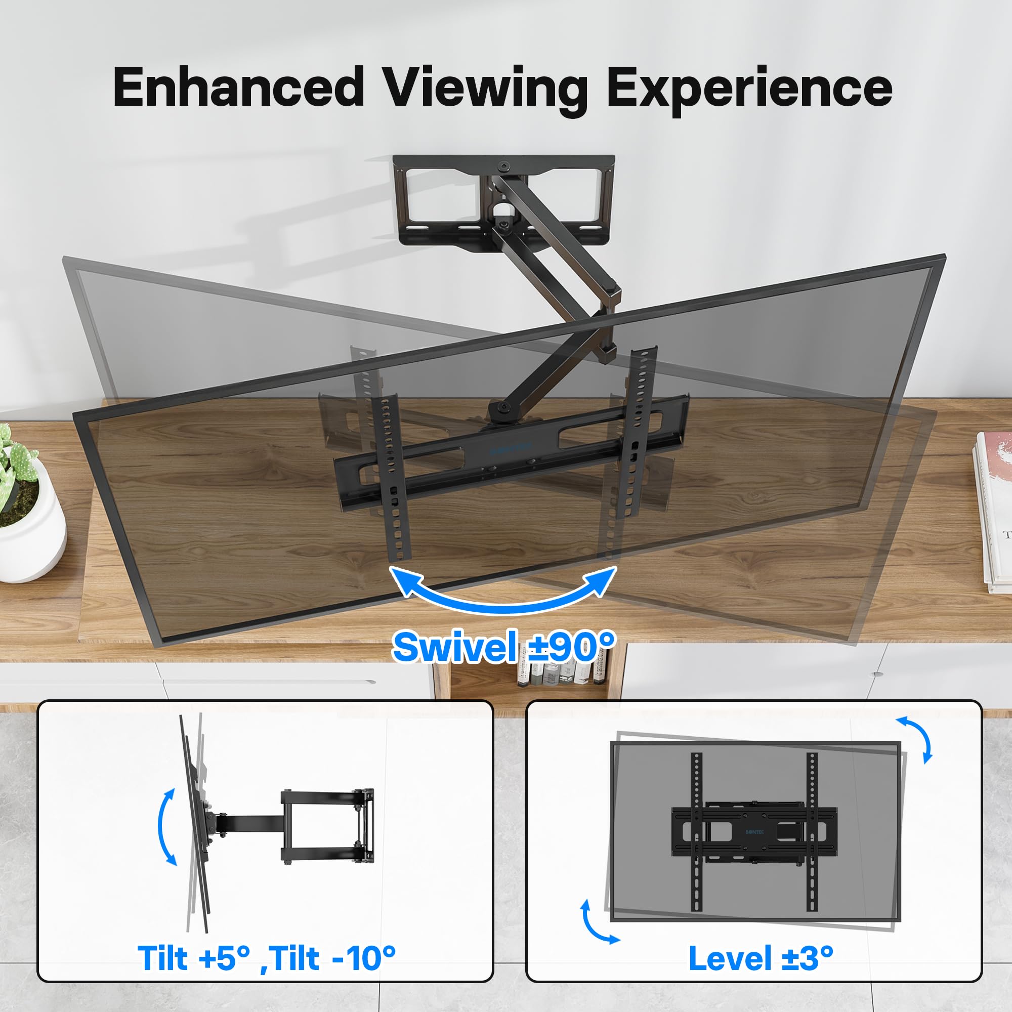 BONTEC TV-väggfäste för 26-60 tum LED LCD TV, svängbart, vinklingsbart och förlängningsbart från 80 mm till 500 mm, med 45 kg kapacitet. Inkl. 5 kabelklämmor och vattenpass, max. VESA 400x400 mm