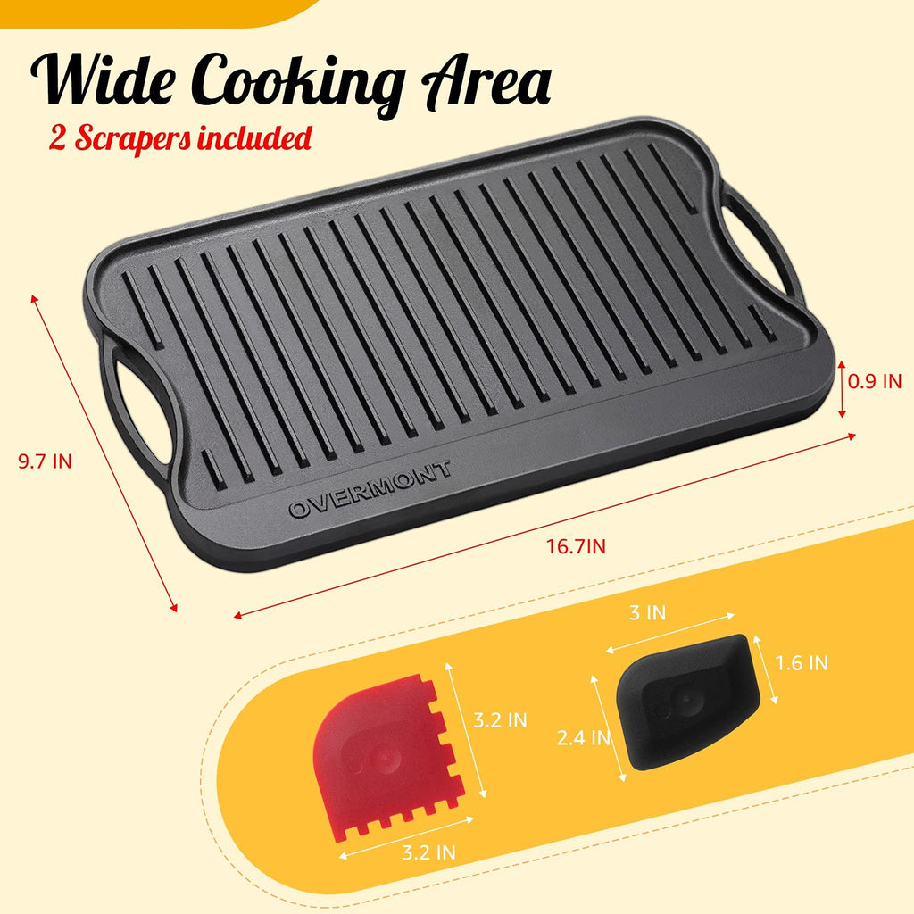 OVERMONT Gjutjärnsplatta, grillplatta, gjutjärn, dubbelsidig – grill med handtag 43,2 x 24,9 cm – för grill, spis, träkolgrill, gasgrill