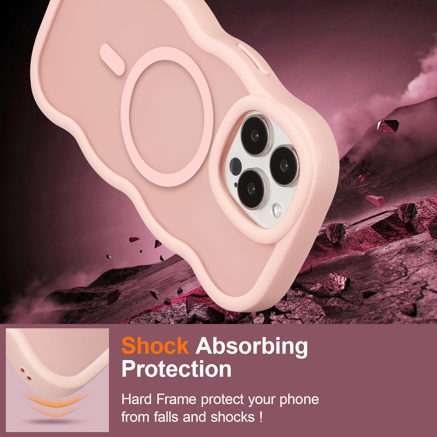 UEEBAI Magnetiskt skal för iPhone 12 Pro Max, sött skal kompatibelt med MagSafe, 2025, transparent klar design, vågig ram, matt telefonskal, rosa
