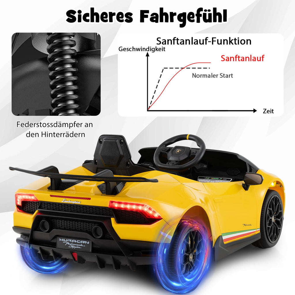 COSTWAY Elektrisk bil Lamborghini, 12 V elektrisk barnbil med fjärrkontroll och LED-lampor och tuta och musik och USB, 3-växlad elfordon 3–5 km/h, elbil för barn från 3 år (gul)