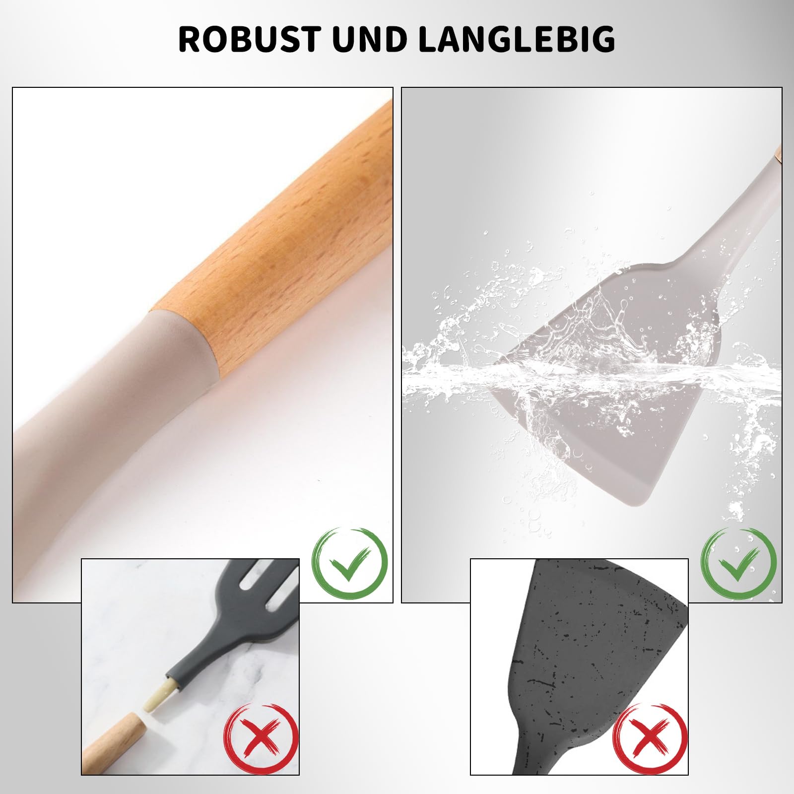 12-Delar Köksredskapssats I Silikon Med Trähandtag, Värmebeständig Och Non-Stick, Kökstillbehör För Alla Kastruller Och Stekpannor