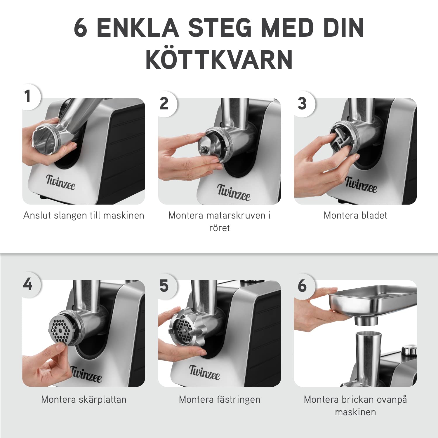 Twinzee - Elektrisk köttkvarn med korvfyllmedel 1500W, vit - För kött och korv - Matberedare, köttkvarn med 3 perforerade skivor och 3 korvfästen