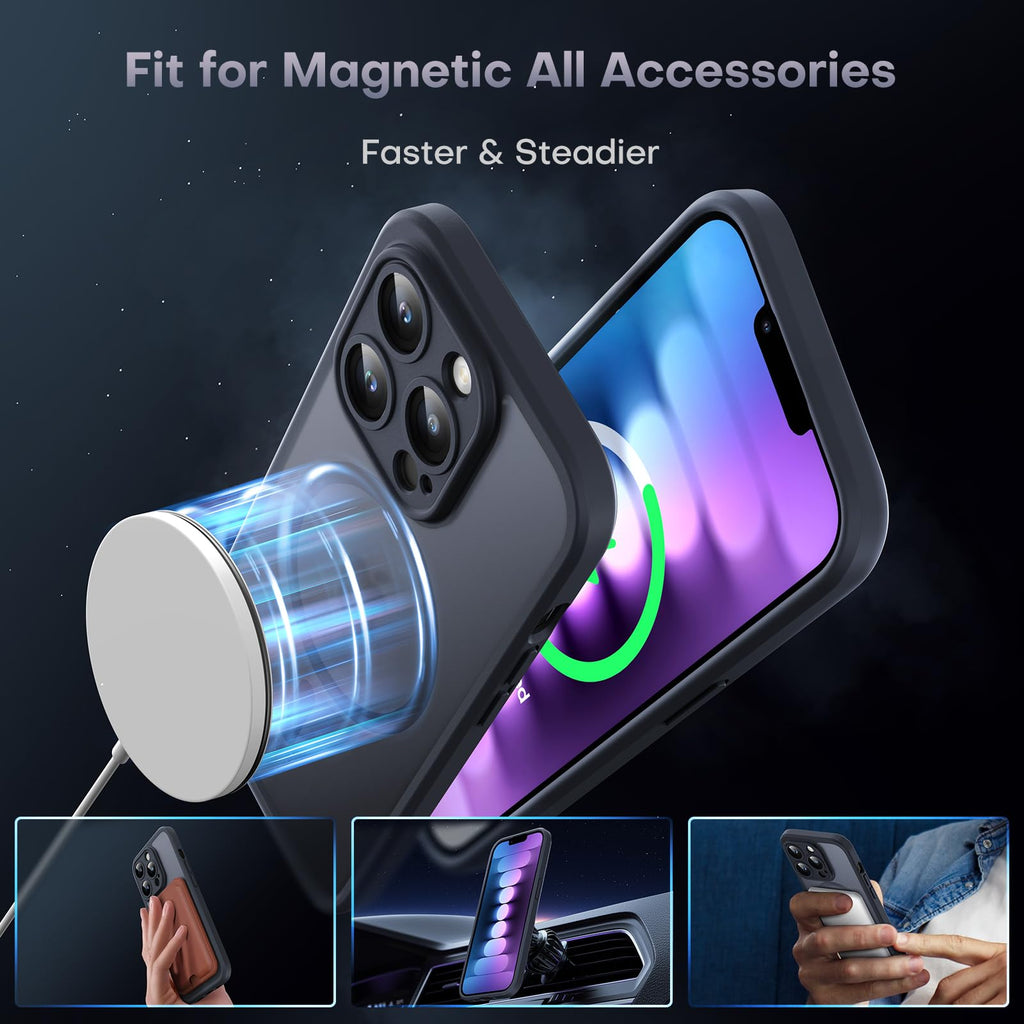 TOCOL Skal för iPhone 13 Pro, Kameraskydd, Integrerad Magnetring, Kompatibel med Magsafe, Fallskydd, Genomskinlig Matt Baksida, Svart Titan