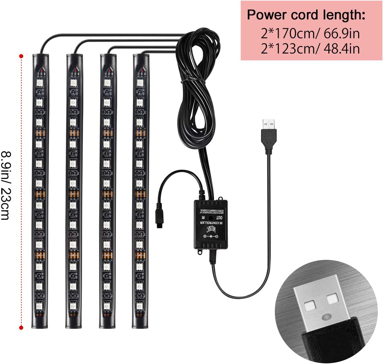 Favoto 4x12 interiörbelysning LED-atmosfär lätt bilinteriörbelysning ledde interiör med USB-port och IR-fjärrkontroll