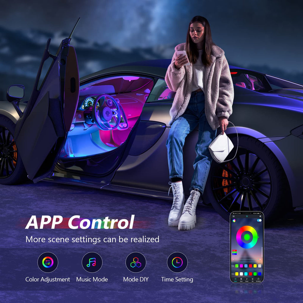 TASMOR Bluetooth-omgivande belysningsbil, RGB-bil Led-interiörbelysning med APP Reglerbar, dimbar vattentät fotbrunnbelysning Autojustering med fjärrkontroll, 12V bil LED-lampor Syn med musik