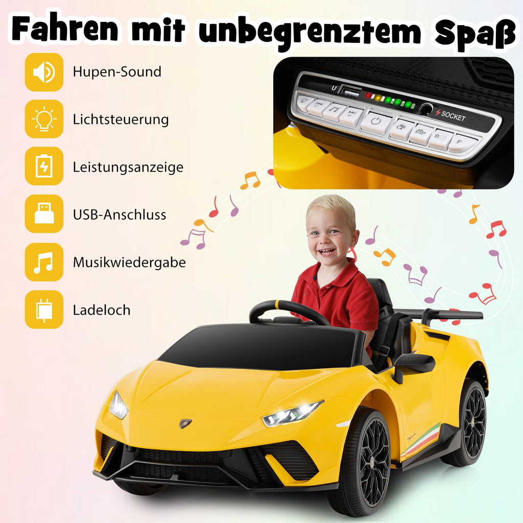 COSTWAY Elektrisk bil Lamborghini, 12 V elektrisk barnbil med fjärrkontroll och LED-lampor och tuta och musik och USB, 3-växlad elfordon 3–5 km/h, elbil för barn från 3 år (gul)
