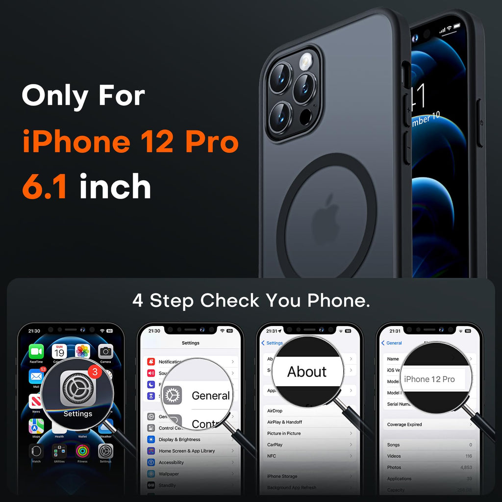 TOCOL Skal för iPhone 12 Pro, Kameraskydd, Integrerad Magnetring, Kompatibel med Magsafe, Fallskydd, Genomskinlig Matt Baksida, Svart Titan
