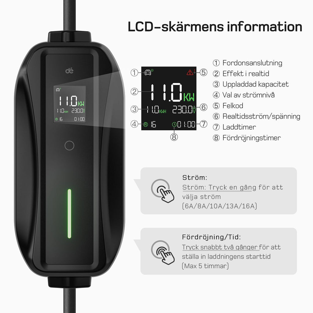 dé elbilsladdare 3 fas [7m,11kW,6-16A] laddkabel elbil Typ 2 Justerbar Ström ev charger 11kW med Timer & Fördröjning, IP65 EV Laddbox för Elbilar & PHEV