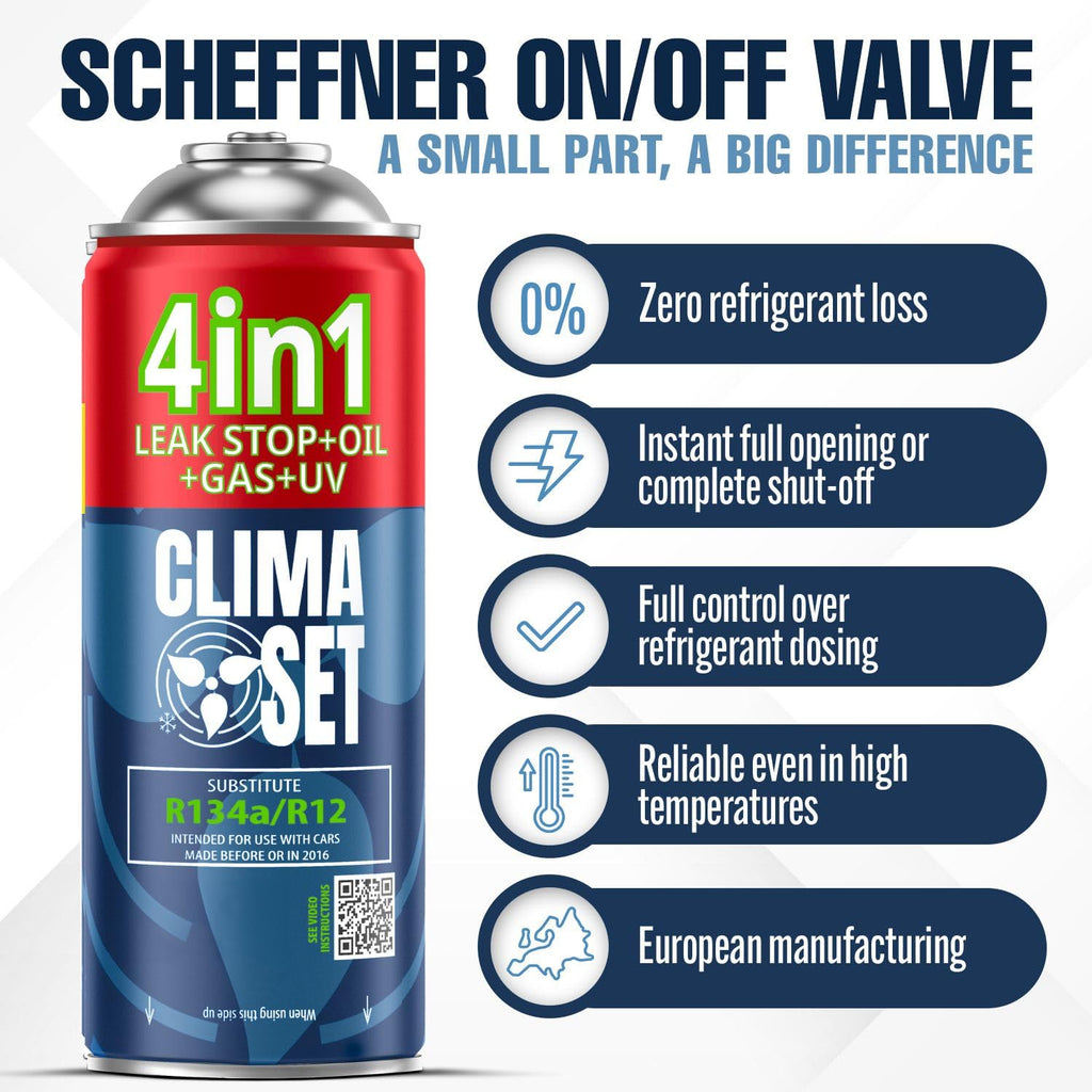 CLIMASET - 2x 4-I-1 Luftkonditionering Påfyllningsgas R134a, Olja, Läckagetätningsmedel Med UV-Färg - AC-Gaspåfyllnings- och Läckagedetekteringssats - Påfyllningssats för Bilens Luftkonditionering