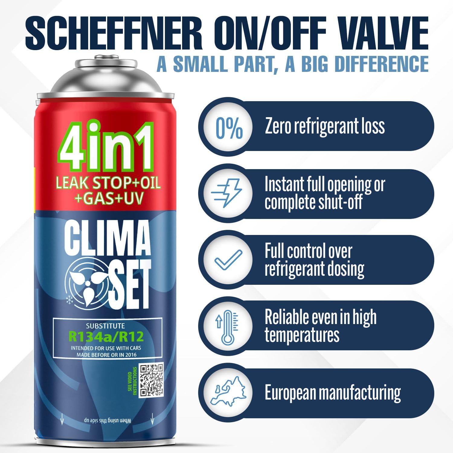 CLIMASET - 2x 4-I-1 Luftkonditionering Påfyllningsgas R134a, Olja, Läckagetätningsmedel Med UV-Färg - AC-Gaspåfyllnings- och Läckagedetekteringssats - Påfyllningssats för Bilens Luftkonditionering