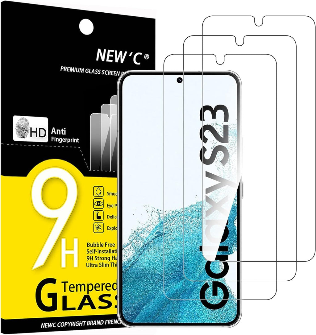 NEW'C 3 Pack, skärmskydd i glas för Samsung Galaxy S23, bubbelfri, 9H hårdhet, 0,33 mm ultratransparent, ultrabeständigt härdat glas